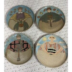 Folk Craft Studio Art Hand Painted Set of 4 Plates 8” Stoneware by Shafford
